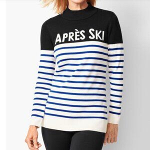 Talbots Après Ski Mockneck Black with Blue & White Striped Sweater Size Small